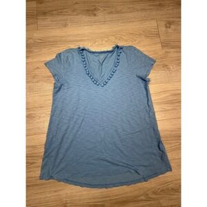 Lilly Pulitzer Blue Pima Cotton Pom Pom V-Neck Slub T-Shirt Womens Large 003576